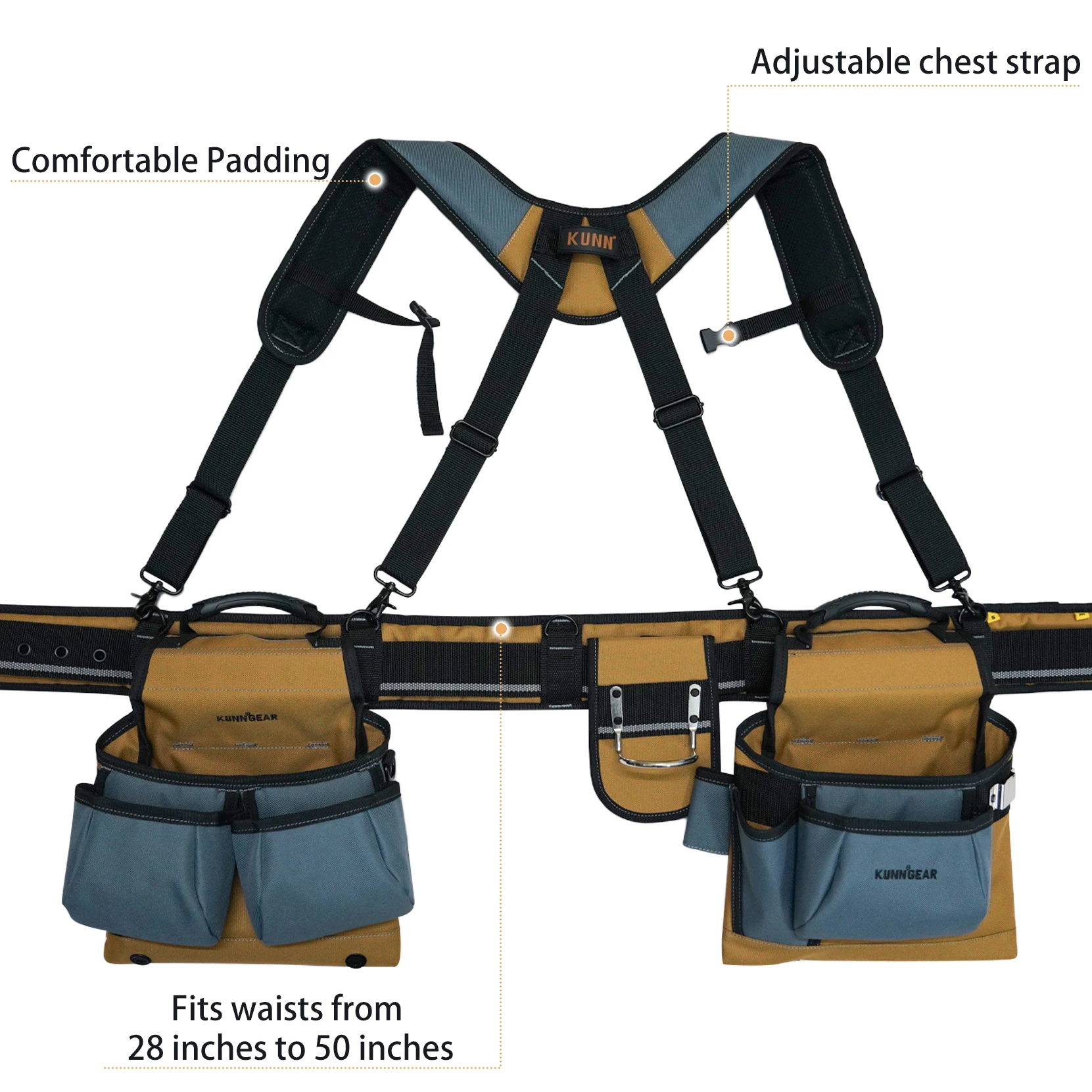 KUNN Carpenter Tool Belt with Suspenders Pro Framer Suspension Tool Rig for Construction Contractors and Electrician,Khaki