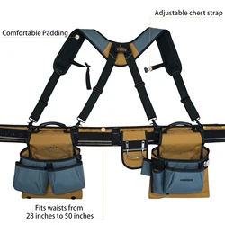 KUNN Carpenter Tool Belt with Suspenders Pro Framer Suspension Tool Rig for Construction Contractors and Electrician,Khaki
