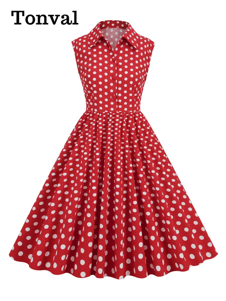 Tonval Turn Down Collar Button Up Sleeveless Summer Shirt Dress for Women Cotton Polka Dot Vintage Pinup Pleated Long Dresses