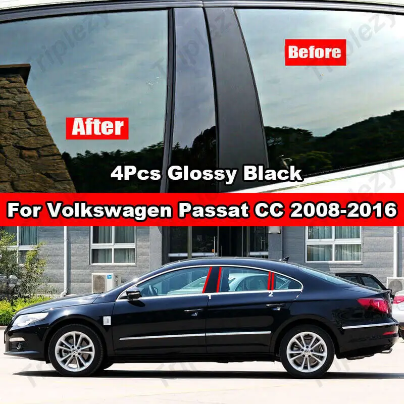 For Vollswagen VW Passat CC 2008-2016 4Pcs Glossy Black/Carbon Fiber Window Column Molding Pillar Posts PC Material Stciker