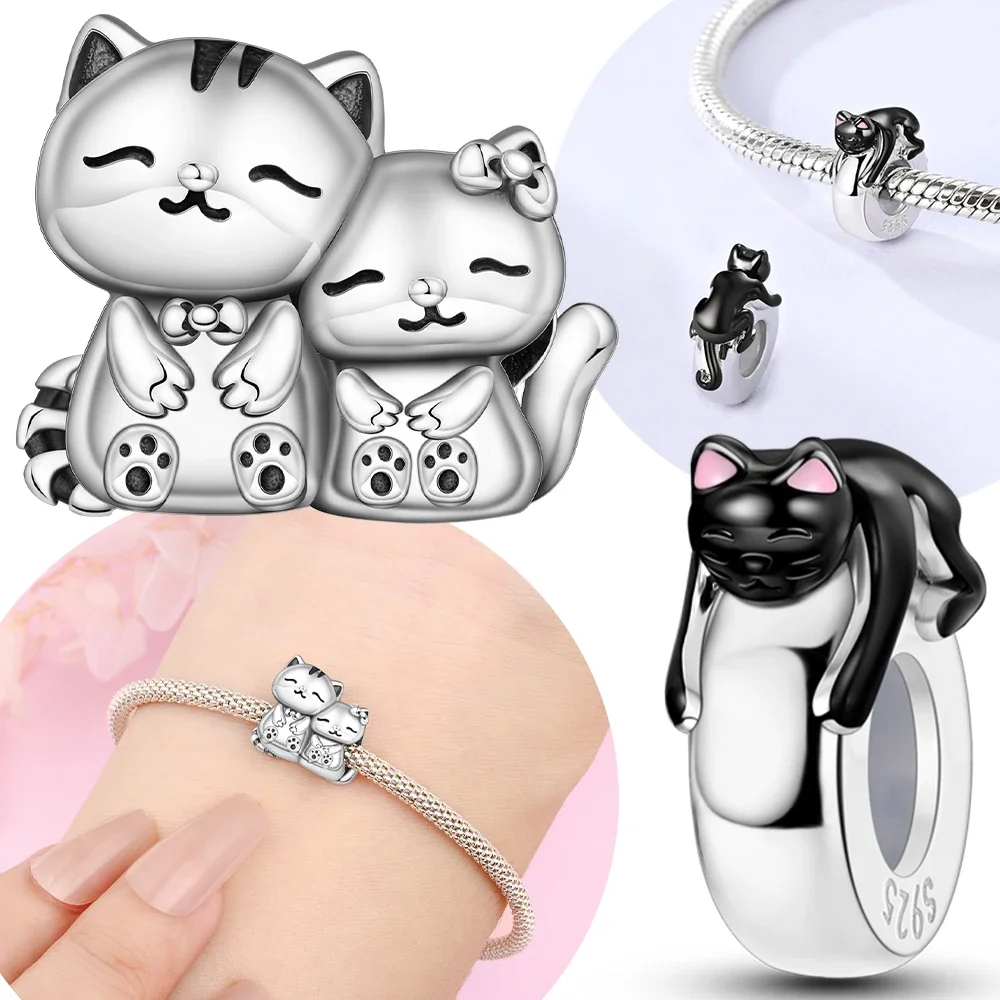 

Charms 925 Silver Original Two Silver Cute Cats Black Beads Fit Diy Bracelet Jewelry Making Necklace Women Gift