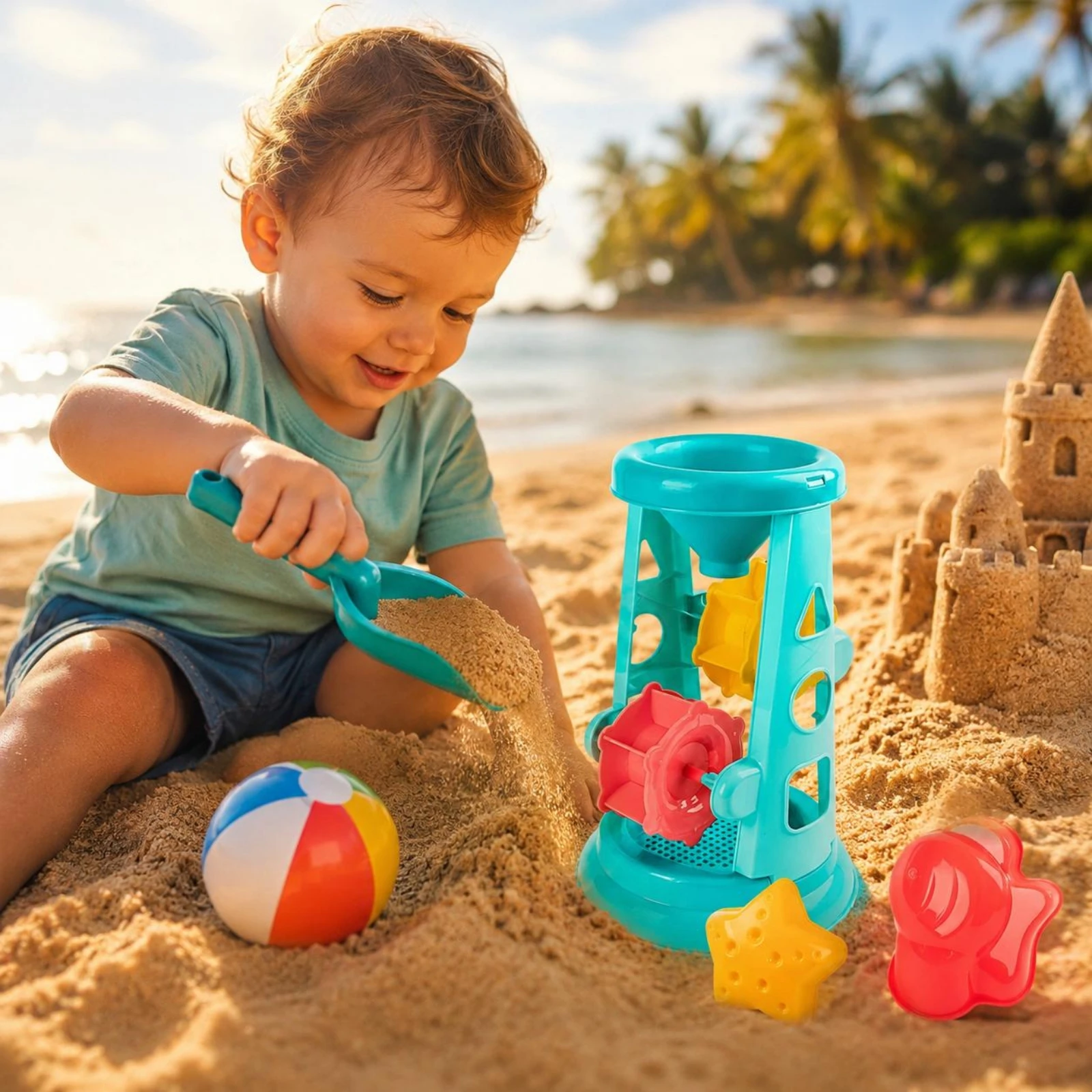 5 Pieces Sand Hourglass Structure Bright Colors Beach Toy Set Sand Shovel Plastic Water Wheel Toy Sensory Play for Sandbox