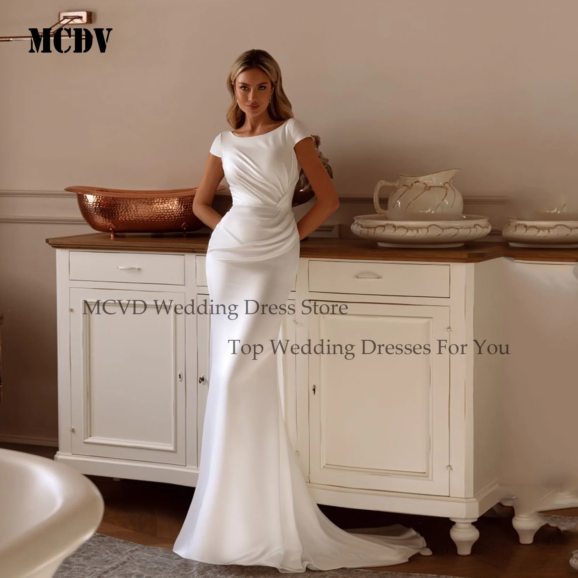 

MCDV Elegant Pleat Satin Wedding Dress Mermaid Short Sleeve Bride vestidos de novia boda Simple Wedding Party Gowns Customized