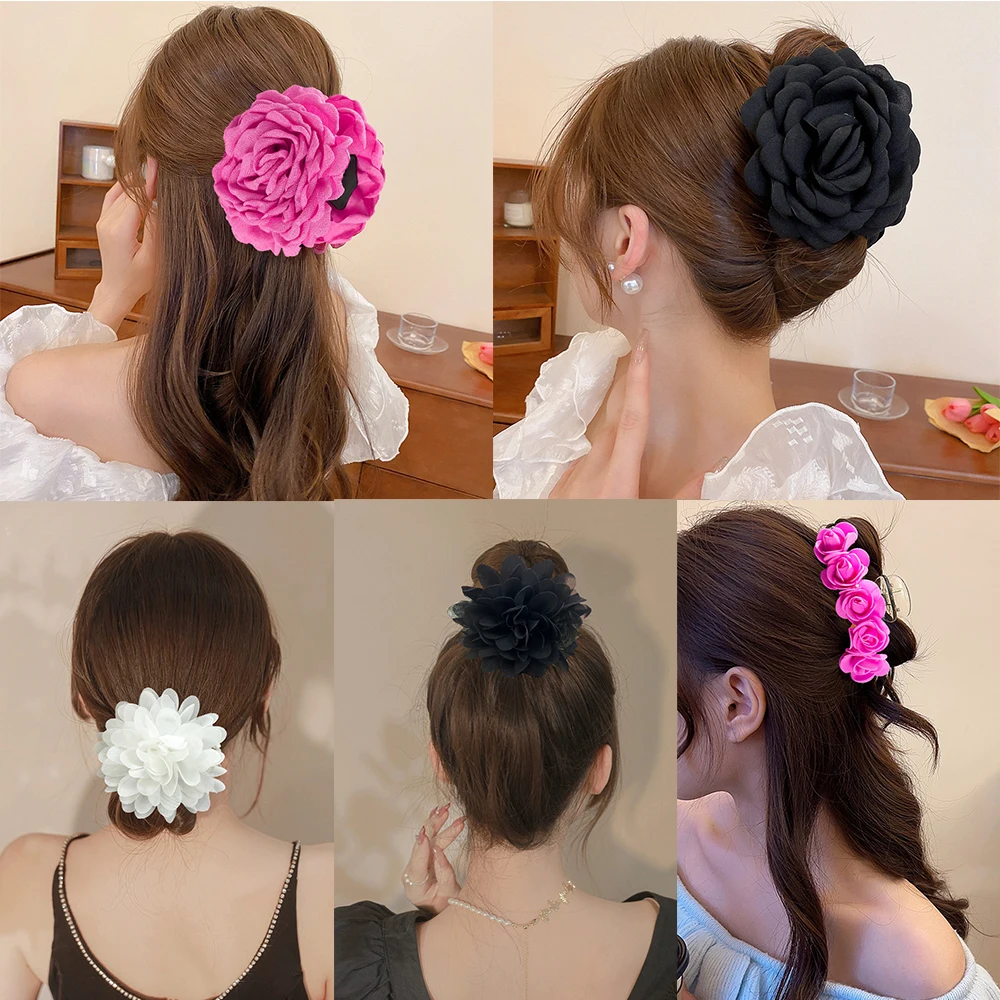 Fashion Rose Red Hair Claws Girls Temperament Ponytail Hairpin Crabs For Women Fabric Flower Hair Claips Headwear Accessories