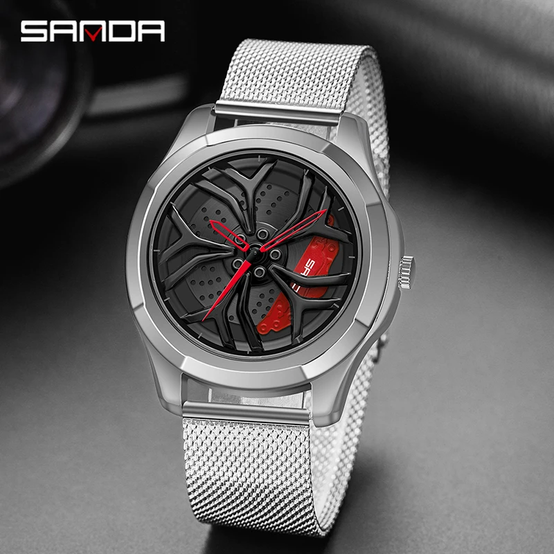 SANDA P1065 Luxury Fashion New Wheel Hub Watch Men Dial Sport Car Rim Steel Mesh Strap Waterproof Wristwatch Relogio Masculino