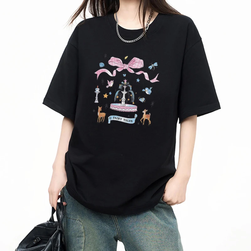 

Pink Bowknot Short Sleeve Fairy Tale Round Neck T-shirt Women's Trendy Base Layer Tops Versatile Lounge Wear Casual Daily Wear