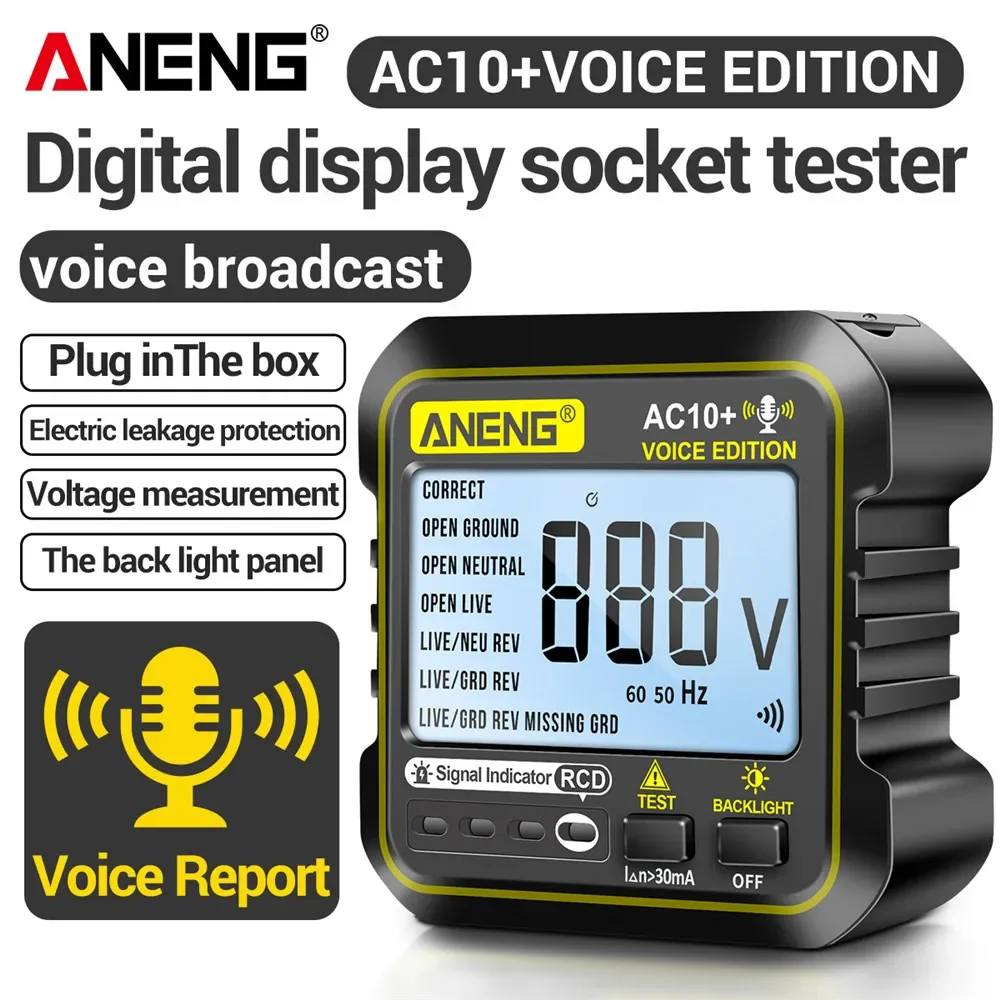 ANENG AC10+ Socket Tester Plug Detector Zero Fire Line Polarity Phase Check Phase Detector US/EU Plug Multimeter Digital Tester