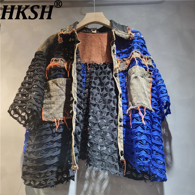 

HKSH Women Shirt Distressed Patchwork Hollow Out Color Block Short Sleeves Single Breasted Streetwear Casual Tops Summer HK21912