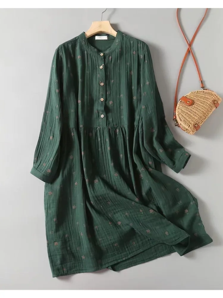 

Soft Cotton Yarn Stand Collar Long Sleeve Rustic Flowers Print Retro Women Dress