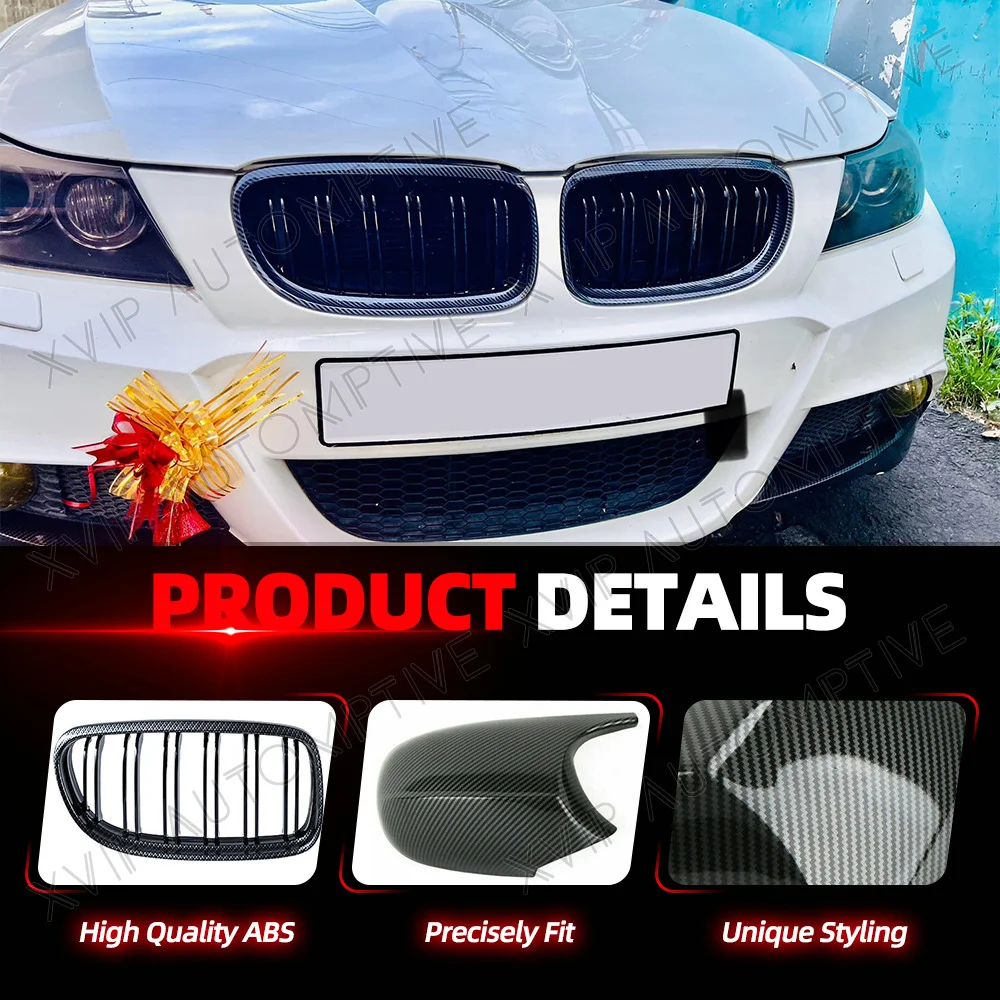 Glossy Black Dual Slat Front Kidney Grille Rearview Mirror Cover Cap Set For BMW 3-Series E90 E91 2009-2011 325i 328i 330i 335i