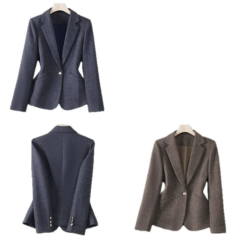 سترة صوف المرأة القهوة اللون معطف الصوف سترة ربيع الخريف 2025 جديد السيدات أنيقة مكتب السترة قصيرة رداء غير رسمية أبلى