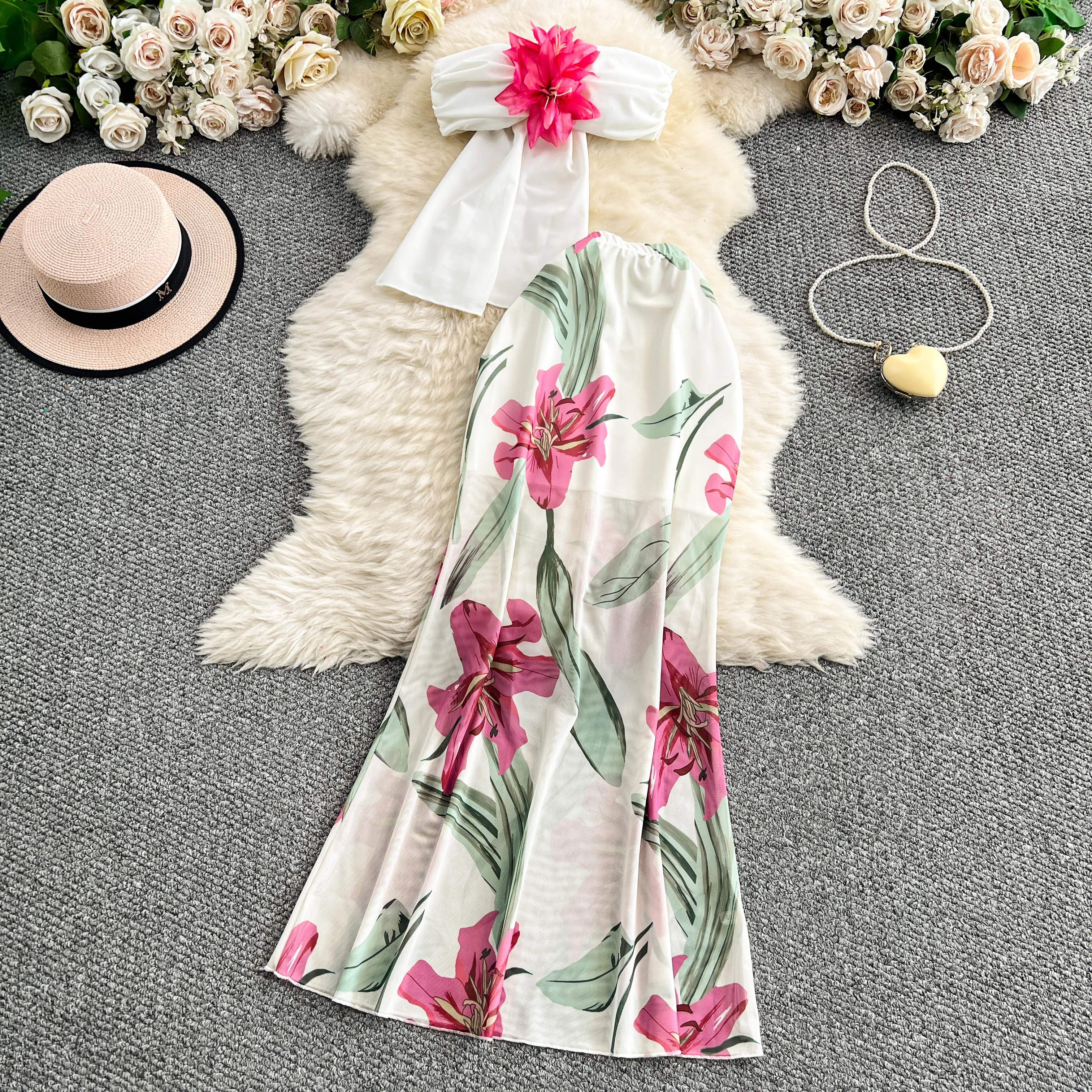 

Lady Tropical Print Beach Vacation Outfit Island Thailand 3D Flower Sets Elegant Charming Allure Suits Bikini Sexi Party Sets