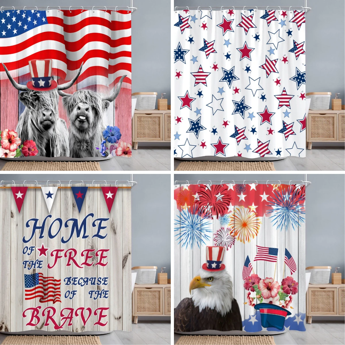 Independence Day Blue Red Star Shower Curtain Highland Cow Rustic Plank Eagle Polyester Fabric Shower Curtains Bathroom Decor