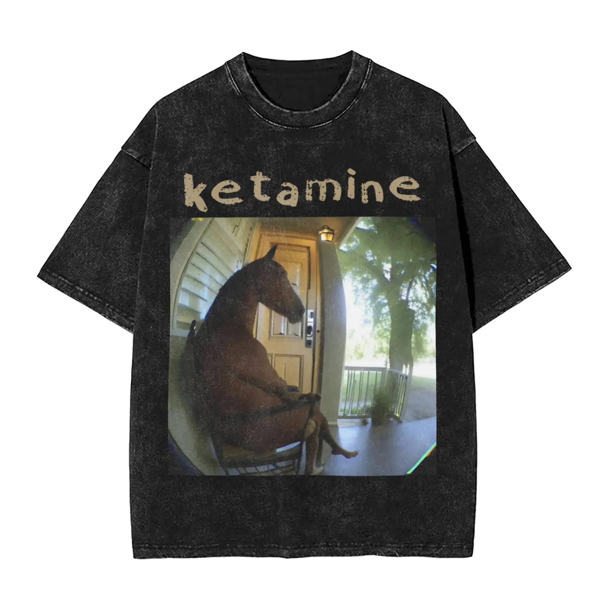Ketamin Horse Emergency Horse Sitting in A Chair Washed T-Shirt Male  Cotton T-Shirts Summer O Neck Tees Oversized Clothing