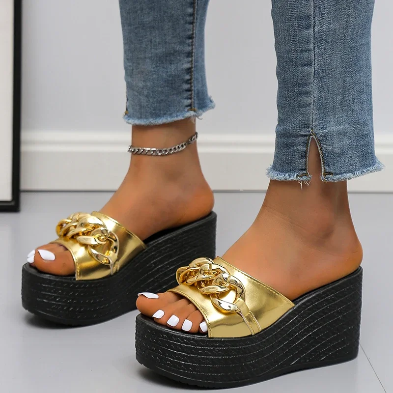 Platform Chain High Heels Slippers Women\'s Wedding Shoes Summer 2023 Casual Gold Silver Slides Ladies Beach Pantuflas De Mujer