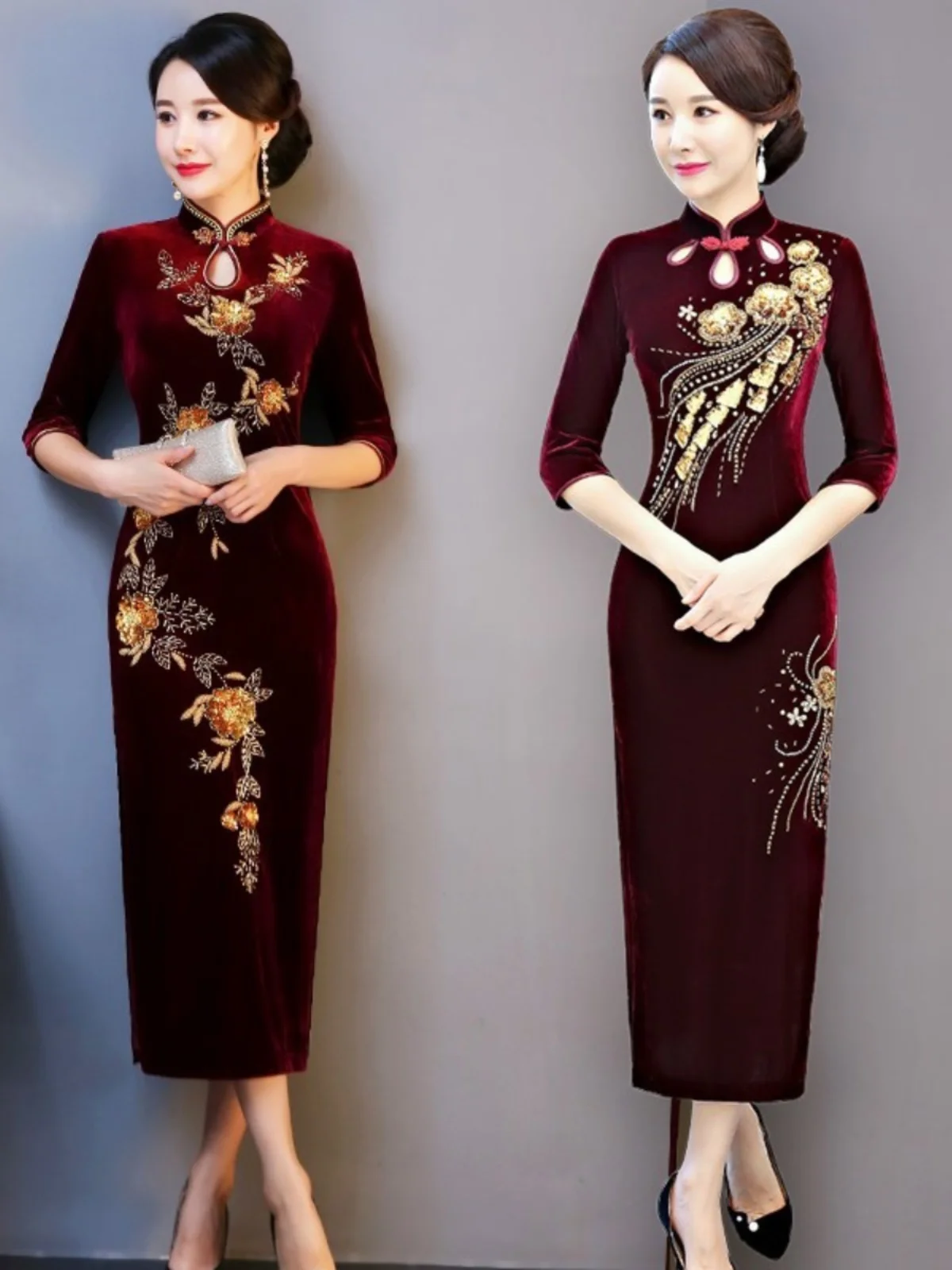 

Ele Velvet Long Qipao Dr for Wedding High-End Mommy Attire Retro Sle Low Slit Seven Sve Beaded for Banquet Fall 2024
