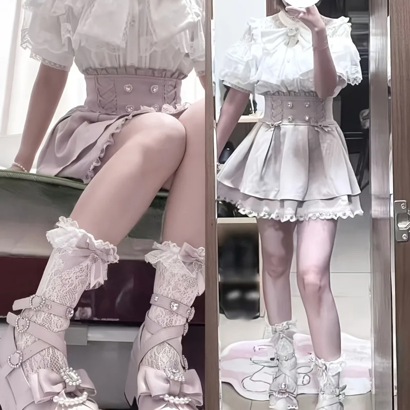 Bow Y2K Short Sleeve Tee Lace Lolita JK T-Shirt Blouse Summer Gothic Kawaii Solid Stand Collar Top Women Cosplay Party Outfit