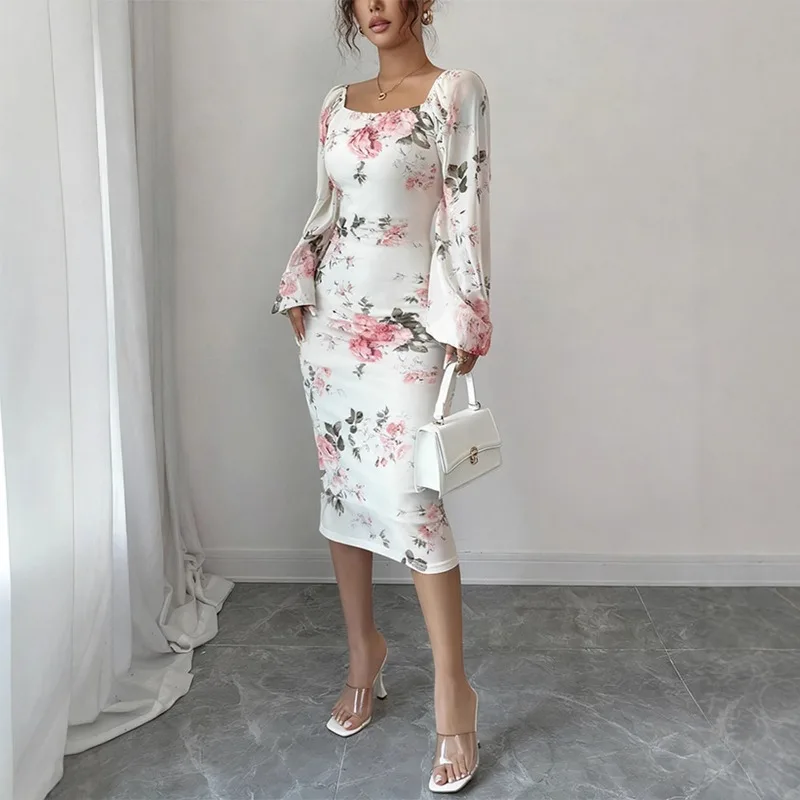 NUOVO elegante abito con stampa floreale autunno 2025 nuovo abito bianco sexy da donna con gonna a tubino in vita con volant e collo quadrato in chiffon