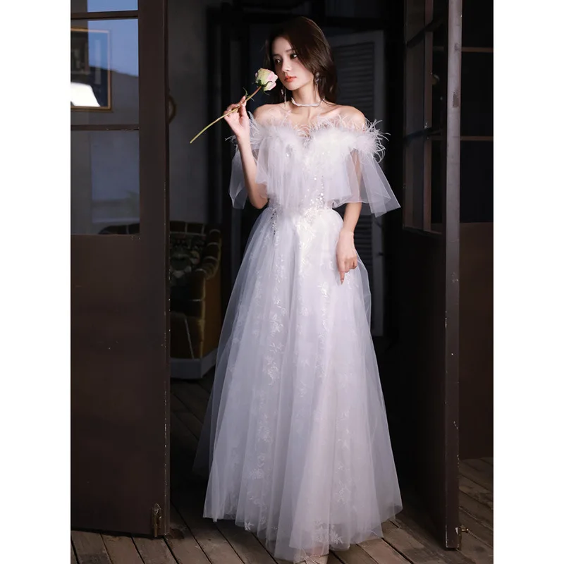 Sexy Off Shoulder Prom Sequins Evening Dresses Women White Feather Floor Length A-Line Tulle Party Gown robes de