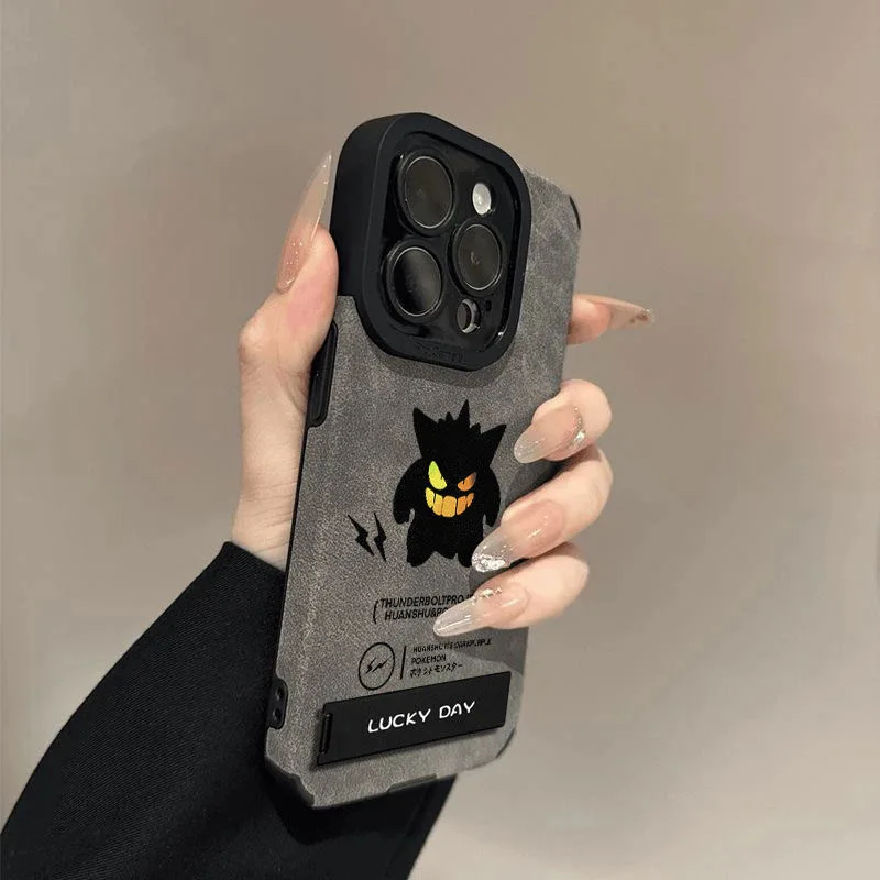 

Cute Anime cartoon P-Pokemon Gengar Suede Leather bracket Phone Case For iPhone 11 12 13 14 15 16 Pro Max Plus Anti-fur Shell﻿﻿