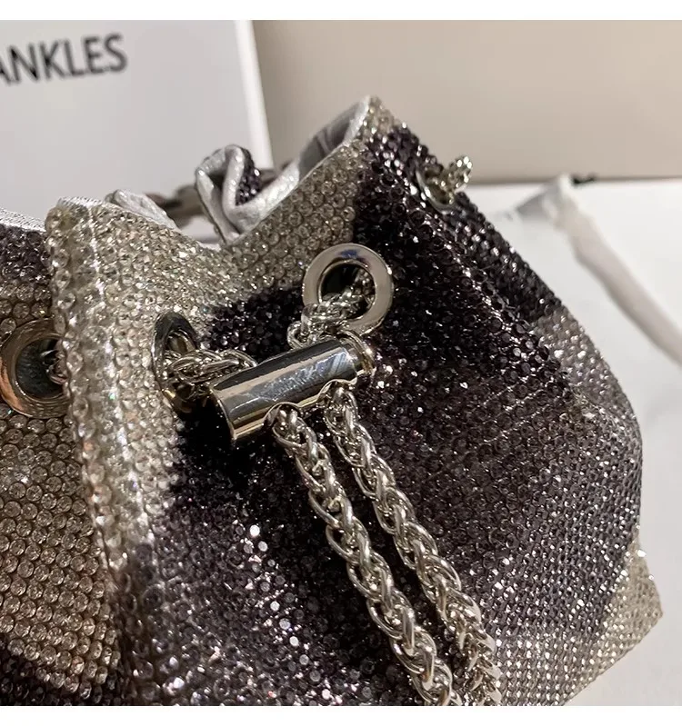 Fashion Gradient Color Bling Shiny Bucket Clutch Purse Crystal Rhinestones Diamond Evening Bag Luxury Women Handbag Shoulder Bag