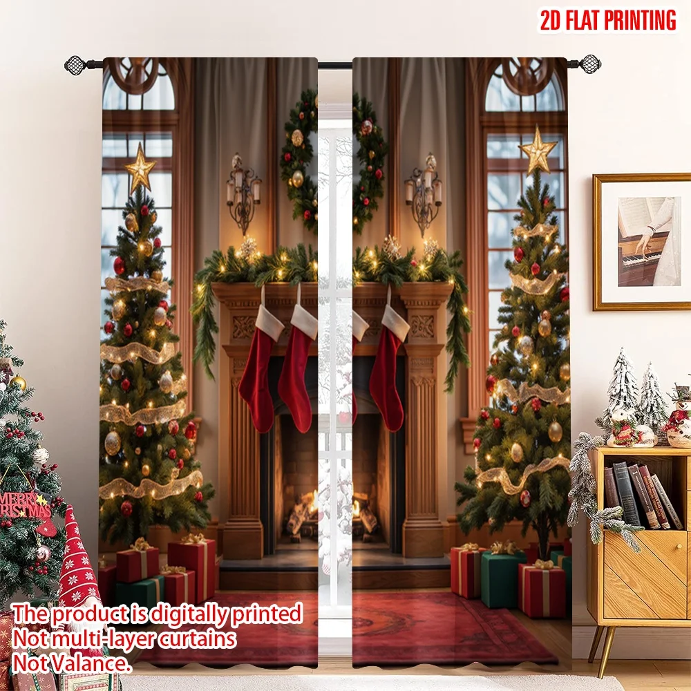 

2pcs 2D flat printing Merry Christmas Scene Curtains Cozy Christmas Fireplace Stockings Gifts 100% Polyester Without Electricity