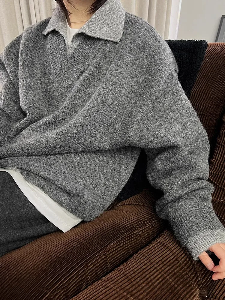 

ay Vintage Flip Collar Sweater Men's Autumn Winter Sle Cleanfit High End Lazy Knitted irt Loose Fit Teen Casual Wear