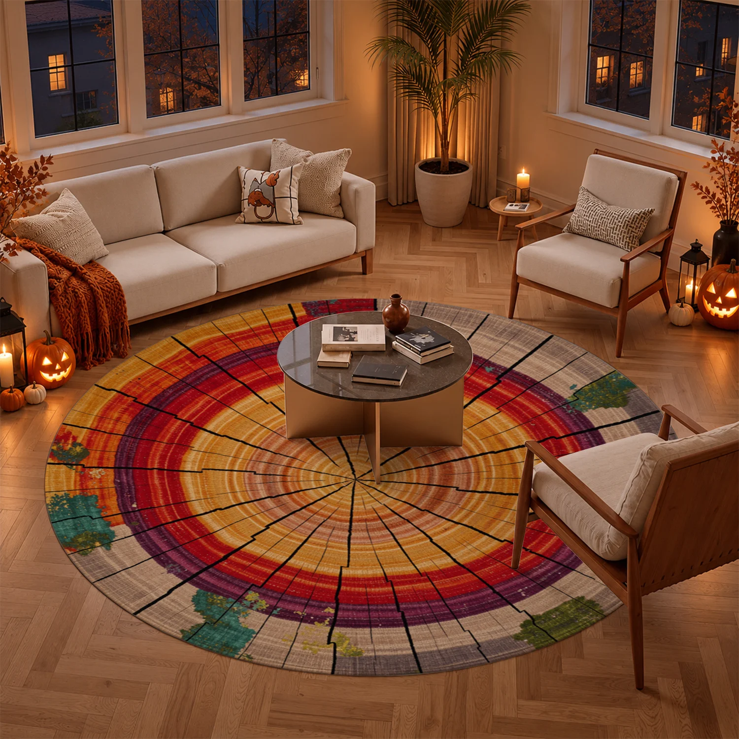 Tree Ring Wood Slice Pattern Round Area Rug Velvet Fabric Machine Washable Soft Floor Mat for Living Room Bedroom Dining Room Entryway Decor Halloween Thanksgiving Christmas New Year Festival Accent Rug