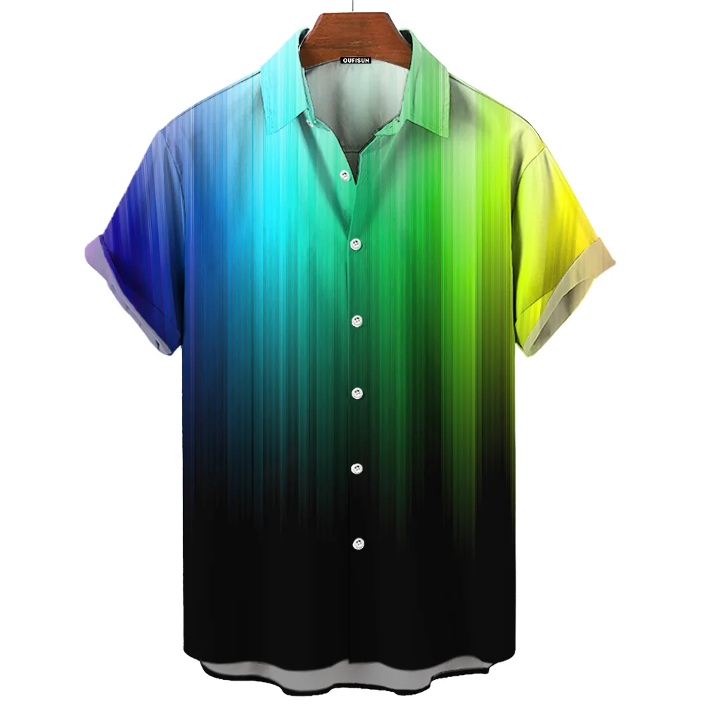 Rainbow Color Short Sleeve Shirt For Men Oversize M-3XL Lapel Color Striped Men Shirts Fashion Casual Loose Fit Men's Clothing