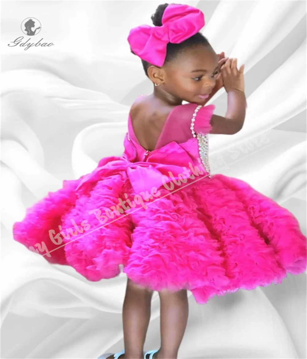 Pearls Rose Flower Girl Dresses Tiered Tulle Princess Kids First Communion Event Performance Birthday Party Gowns