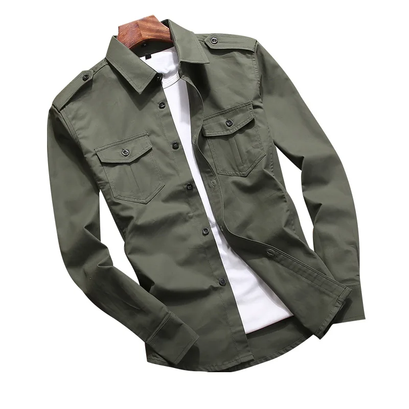 

Men's Long Sleeved Slim Fit Shirt with Multiple Pockets, Long Sleeved Pure Cotton Versatile Shirt with Shoulder Badges