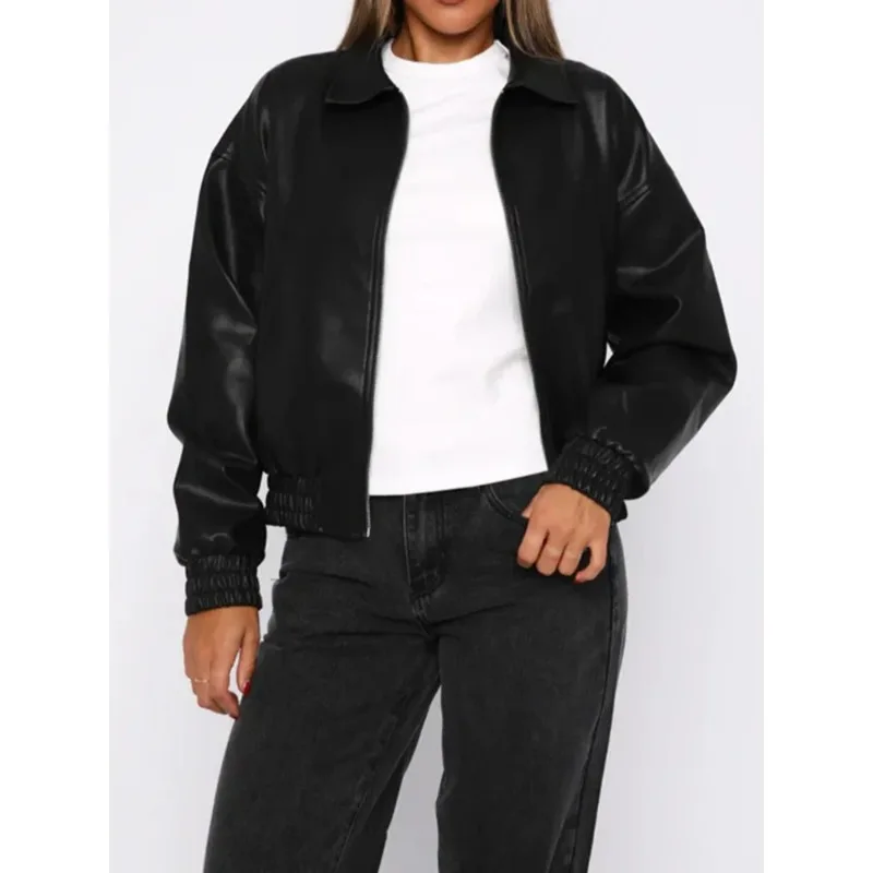 Chaqueta de cuero para mujer, estilo casual y elegante, color rojo vino, con solapa, cuello en V, manga larga, cremallera, holgada, cálida y corta.