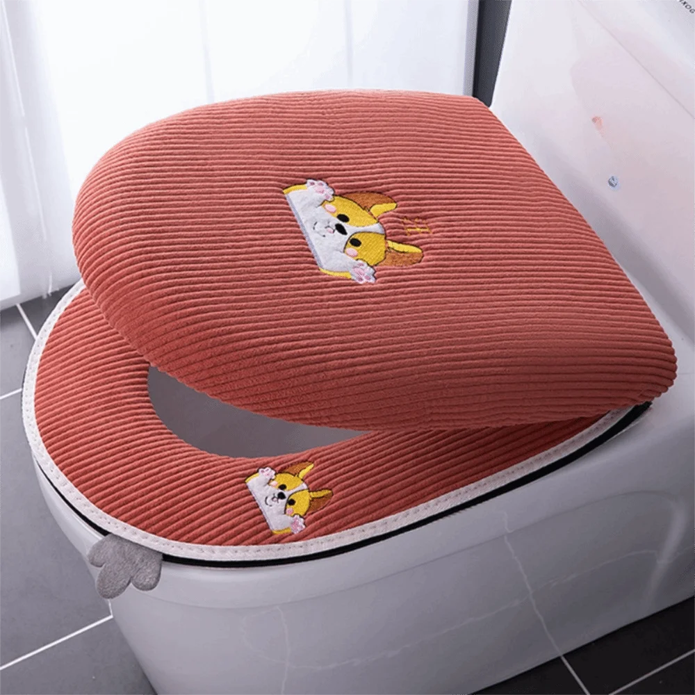 

2PCS/Set Cartoon Embroidered Toilet Seat Cover Warm Soft Closestool Cover Zipper Protector Toilet Seat Cushion Cold Season