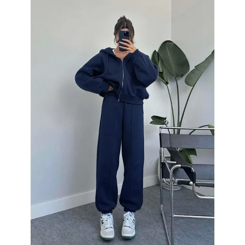 Casual Sets for Women 2 Pieces Long Sleeves Zipper Hooded Cardigan Sweatshirt Suit Fall Winter Solid Sporty Drawstring Pant Sets