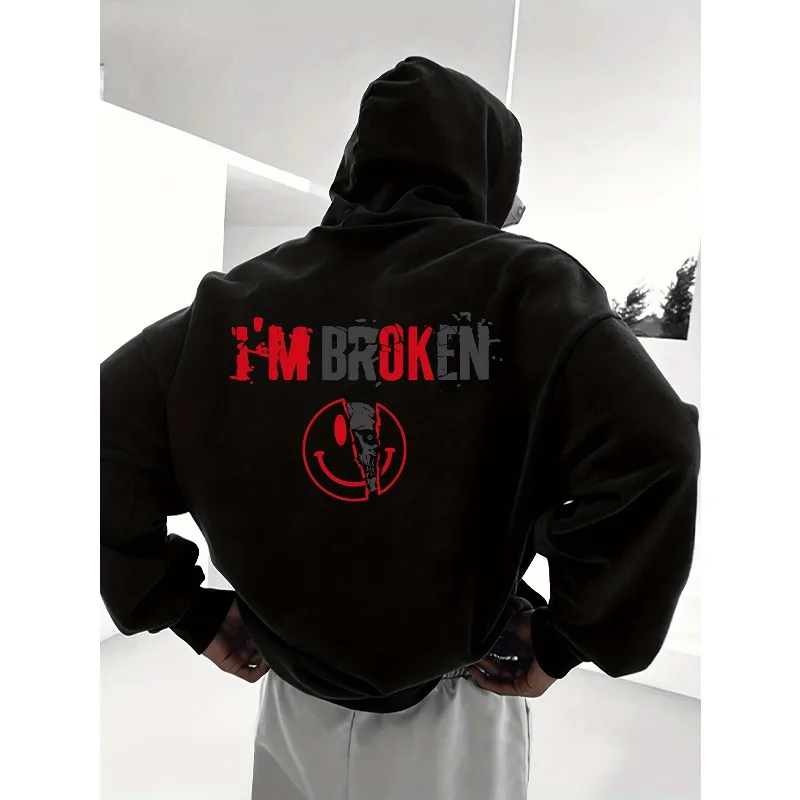 

1. Мужская толстовка с принтом «I'm Broken», повседневный уличный стиль, длинные рукава и шляпа на шнурке, свободная толстовка с капюшоном
