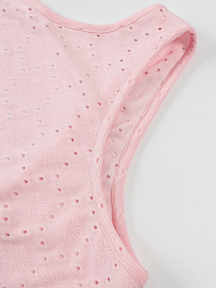 Sommer 2026 Neuankunft: Damen-Minikleid in Unifarbe, mit Blumenmuster, Stickerei, Rüschen am Saum, ärmellos – Detail 6
