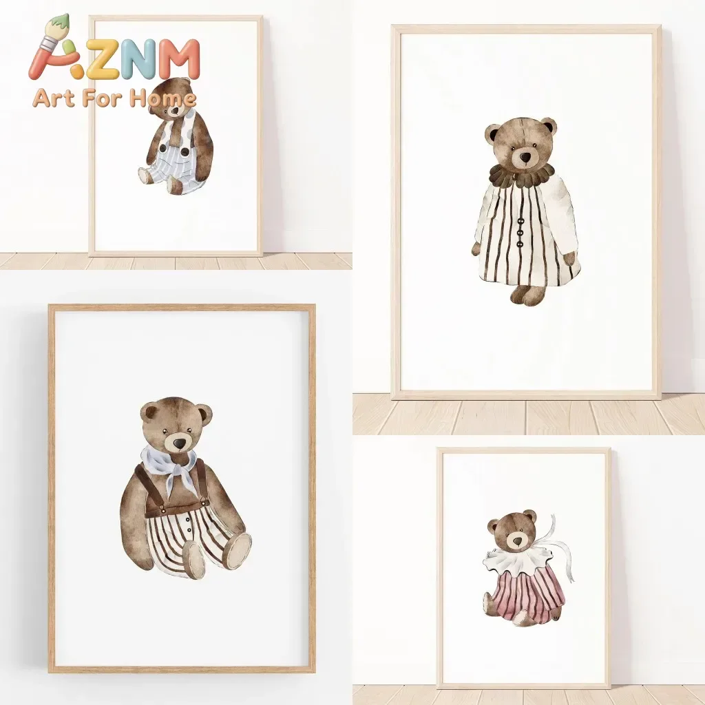 1pc frameless Pink Ballet Dancer Bear Bow and Cute Teddy Bear Canvas Painting Funny Minimalist Wall Art Boho Nursery Print Kids