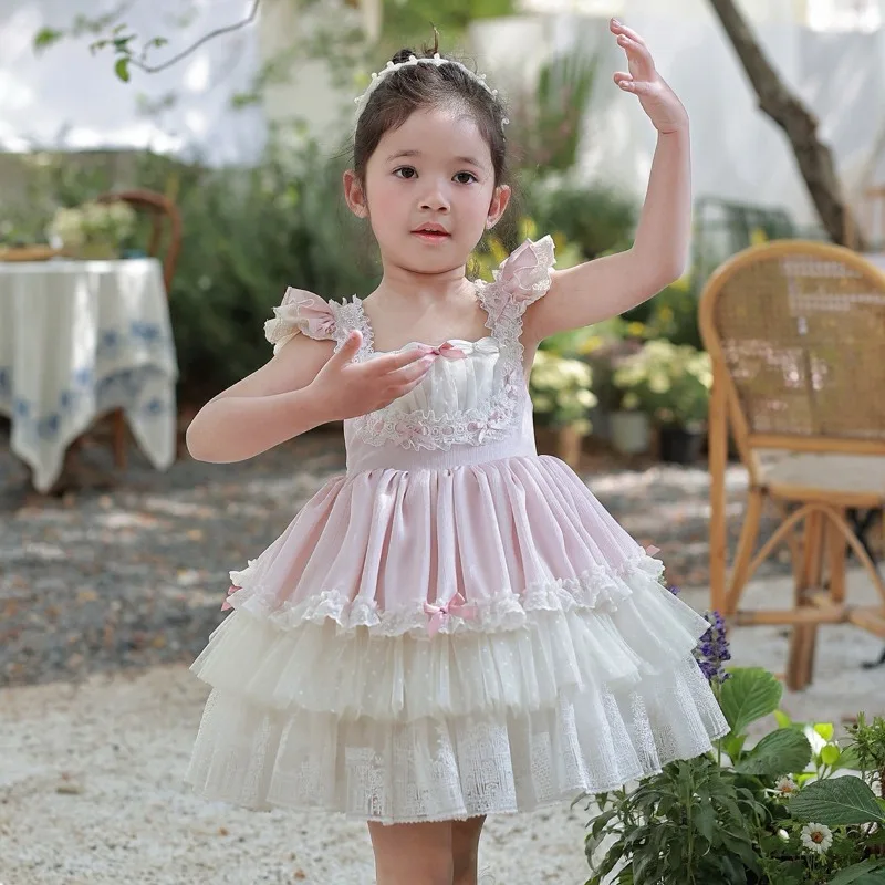 Robe Lolita à bretelles spaghetti pour petites filles, robe tutu en maille multicouche ajourée, costume d'anniversaire pour enfants, idéale pour les vacances et la photographie