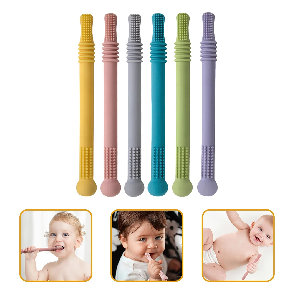 

6pcs Teething Stick Food Grade Silicone Straws Baby Tools Pink Yellow Purple Green Blue Gray Infant Teethers Molar Relief