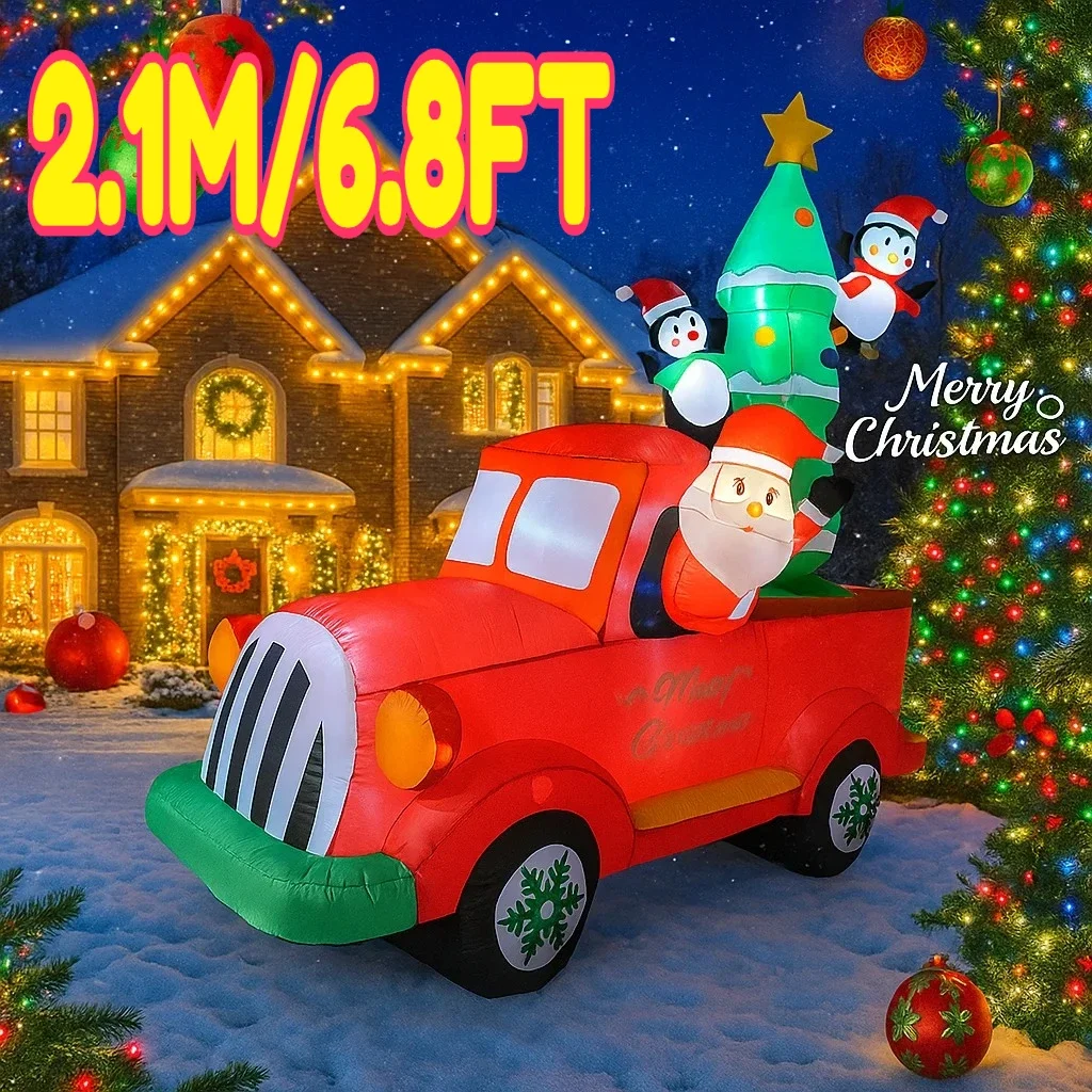 2.1M/6.8FT Inflatable Santa Claus Truck with Penguin Christmas Tree Lights LED Home Decor Toys Yard Xmas Holiday Lighting Decor
