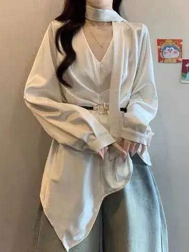 

Elegant Long Sleeve Women's Shirt Draped Acetate Satin Unique Asymmetrical Bow Tie Slimming Top Trendy Commute Style Korean L...