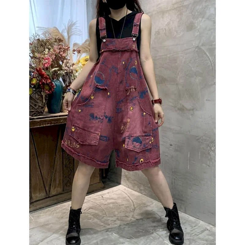 Denim Jumpsuits Korean Style One Piece Outfit Casual Printed Wide Leg Shorts Summer Clothing for Women High Waist Cropped Jeans