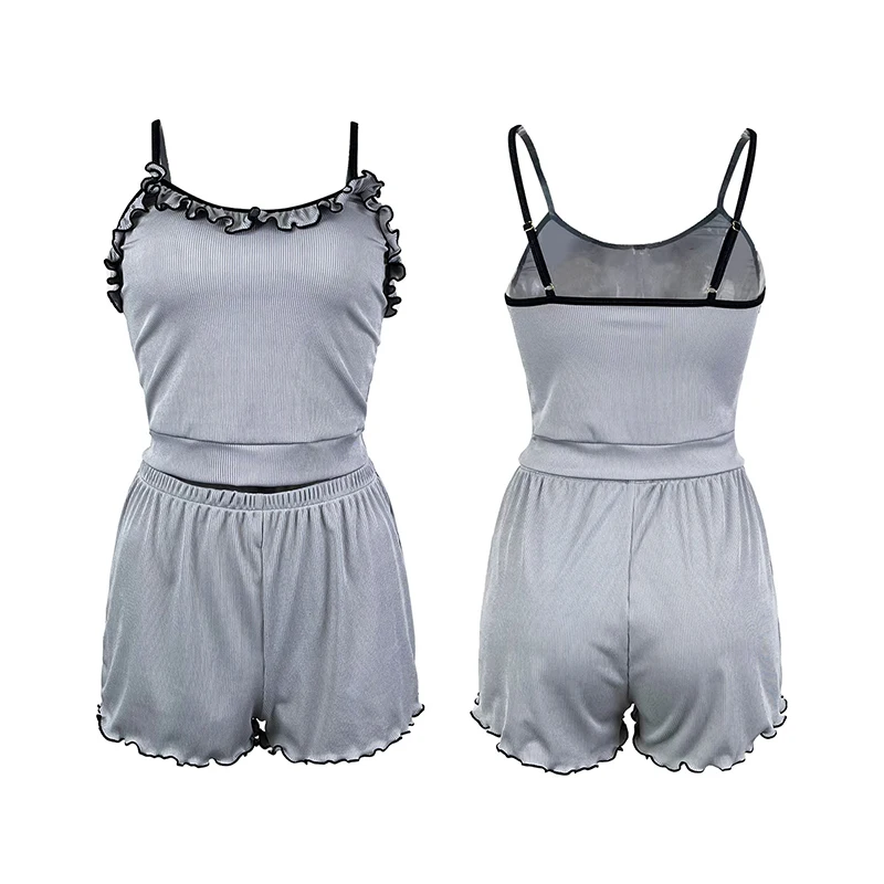 Summer Sexy Pajamas For Women Gray Ribbed Camisoles+Short Pants 2 pieces Pajamas Set Fashion Ruffles Home Clothes Sexy Lingerie