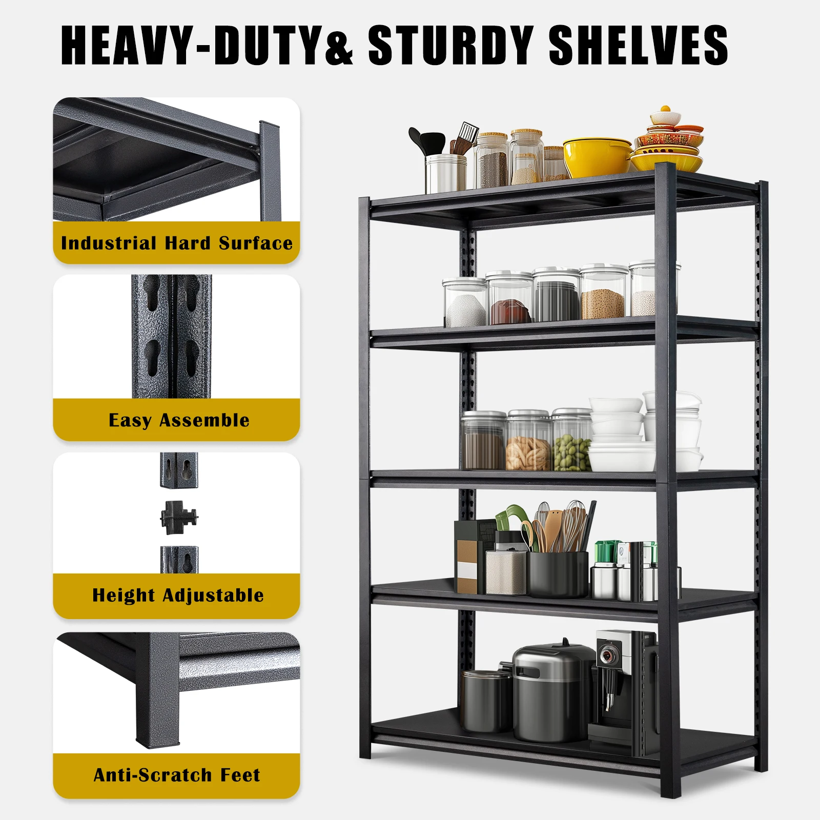 78-char: "H Adjustable 5-Tier Heavy Duty Garage Shelves, 2200LBS Metal Storage Racks for Warehouse, Pantry, Closet