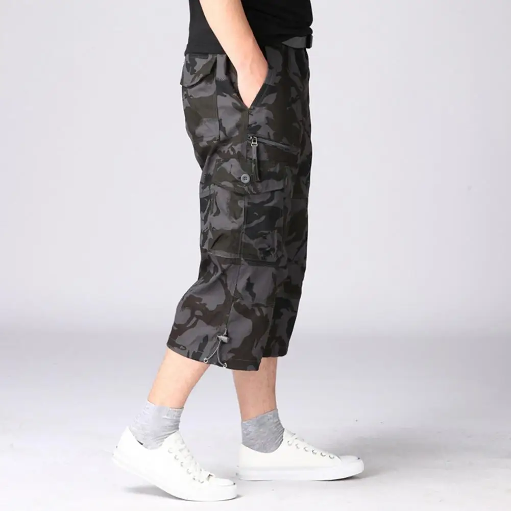 

Loose Cropped Pants Men's Adjustable Drawstring Cargo Pants with Multiple Pockets Loose Fit Stylish Mid Waist for Outdoor