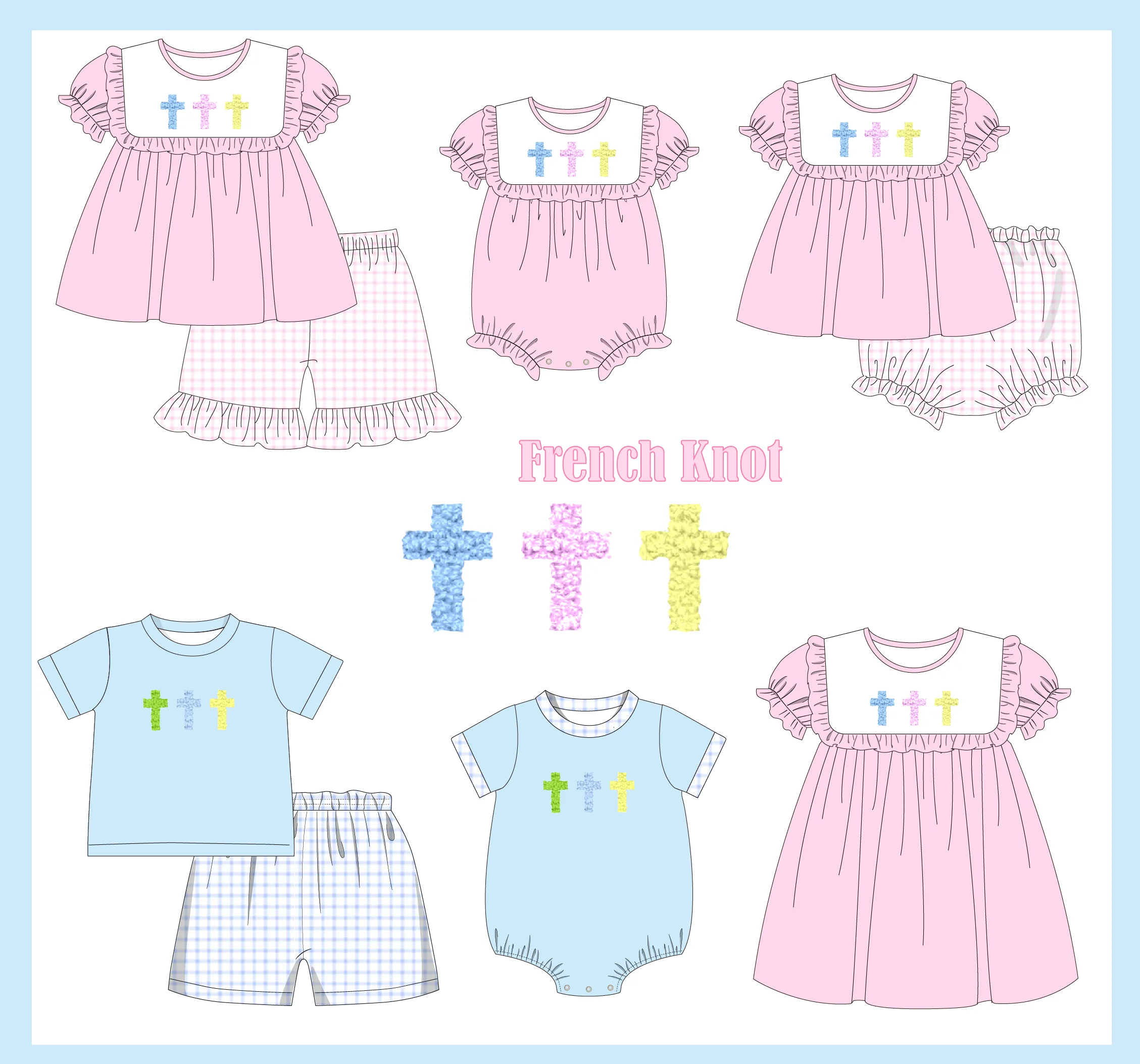 Easter Boutique Short Sleeve T-shirt Round Neck Cross French Knot Girl Dress Pink Romper Boy Blue Top Clothes And Lattice Pants