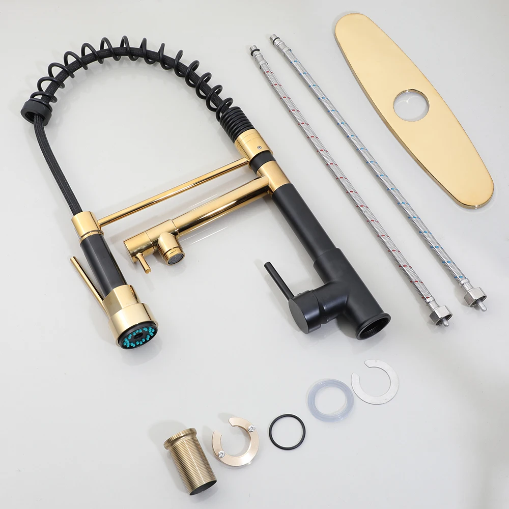 OUBONI Pull Down Brass Kitchen Sink Faucet Dual Spout 360 Rotation Faucets Multifunctional Hot Cold Water Mixer Tap 