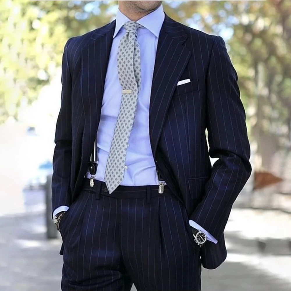 Navy Blue Pinstripe Mens Suits Slim Fit 2 Piece Jacket+Pants Male Business Blazer Groom Wedding men suit Tuxedo Costume Homme