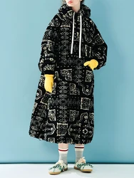 IMAKOKONI original design long sleeved printed black winter warm hooded mid length dress 244887