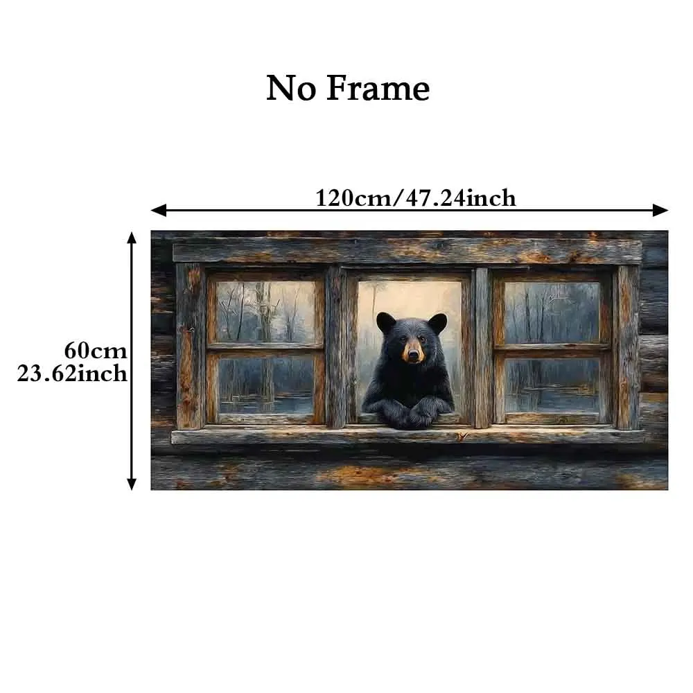 [2D Flat]1pc 23.6X47.2in 60cmX120cm UnFramed Modern Art Decoration Black Bear in Rustic Window